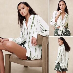 NWT Banana Republic The Perfect Mulberry Silk Shirt LARGE Green Print Button Top